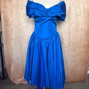 1980s blue puff sleeve off shoulder prom dress, formal mid dress